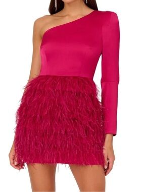 Luv Foster One-Shoulder Feather Hem Dress in Magenta Size 10